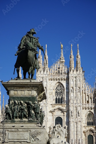 Statue of a horseman in front of Duomo Milan Italy