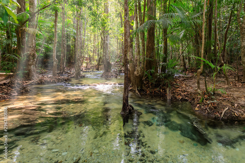 Crystal clear water stream and cascade near Emerald Pool in National Park, Krabi, Thailand photo