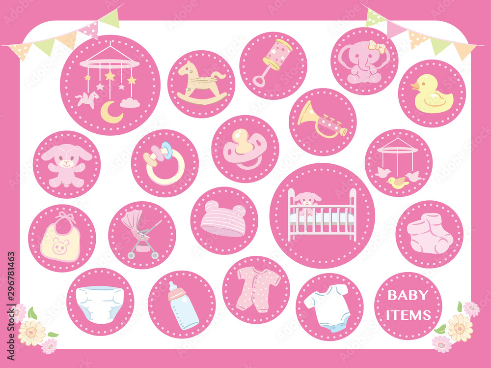 Newborn infant theme. Related items.  Baby care stuff, toys, clothes. Vector illustration.