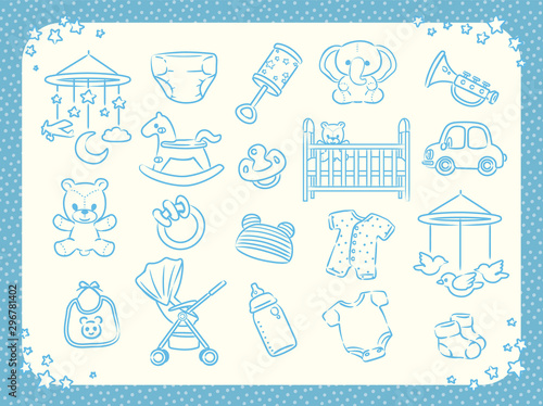 Newborn infant theme. Related items.  Baby care stuff, toys, clothes. Vector illustration.