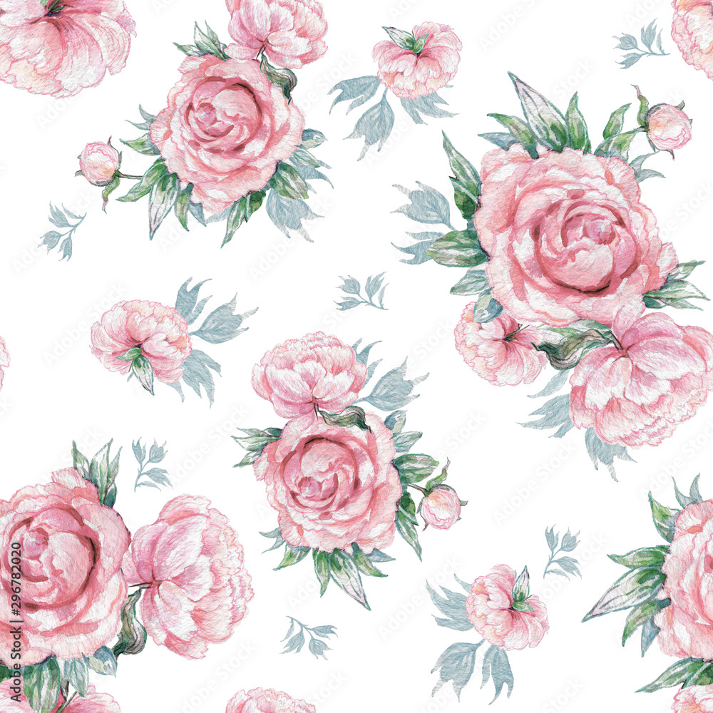 Watercolor hand-drawn beautiful seamless pattern with bouquets of bright peonies and foliage-9