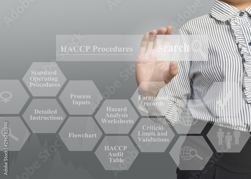 Businesswoman with presentation element of HACCP Procedures concept for use in manufacturing and company system. photo