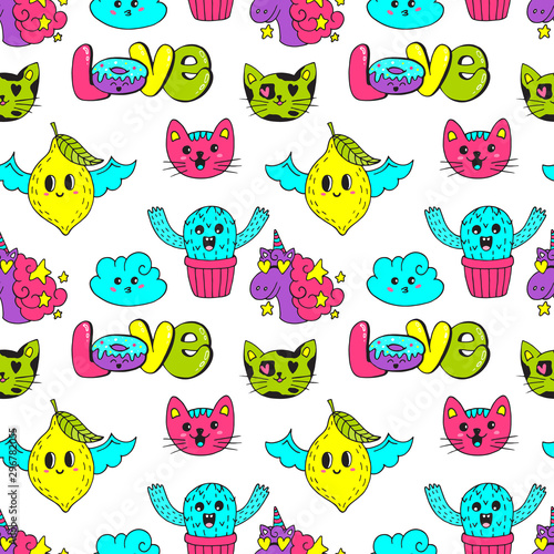 Vector seamless pattern with patch in doodle style design photo