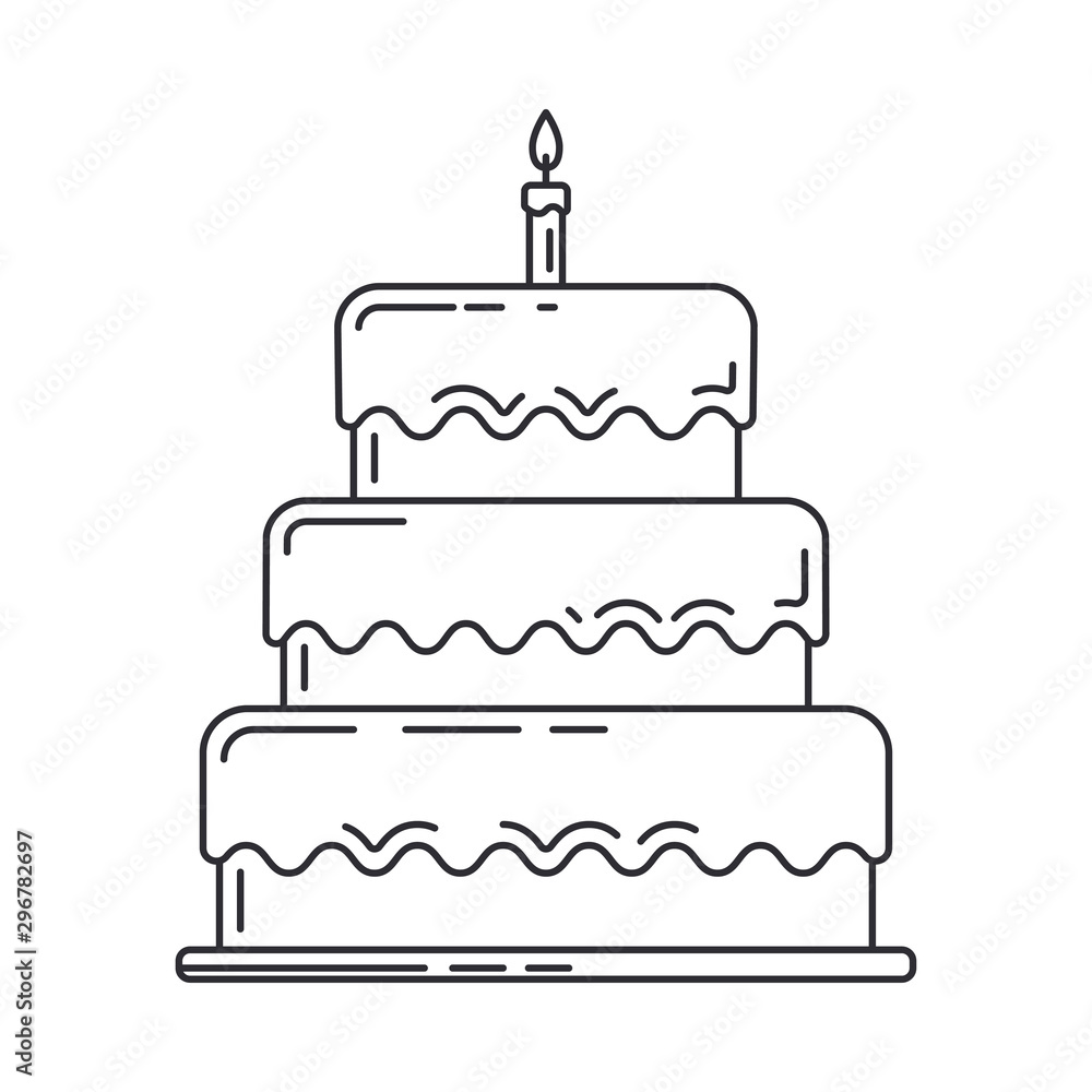 Line birthday cake, pie with candle icon. Happy birthday. Party celebration, holidays event, carnival party element icon. Vector linear design. Illustration vintage object. Congratulation symbols. Line birthday cake, pie with candle icon. Happy birthday. Party celebration, holidays event, carnival party element icon. Vector linear design. Illustration vintage object. Congratulation symbols.