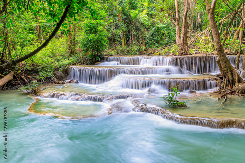 Huai Mae Khamin Waterfall level 6, Khuean Srinagarindra National Park, Kanchanaburi, Thailand; panorama