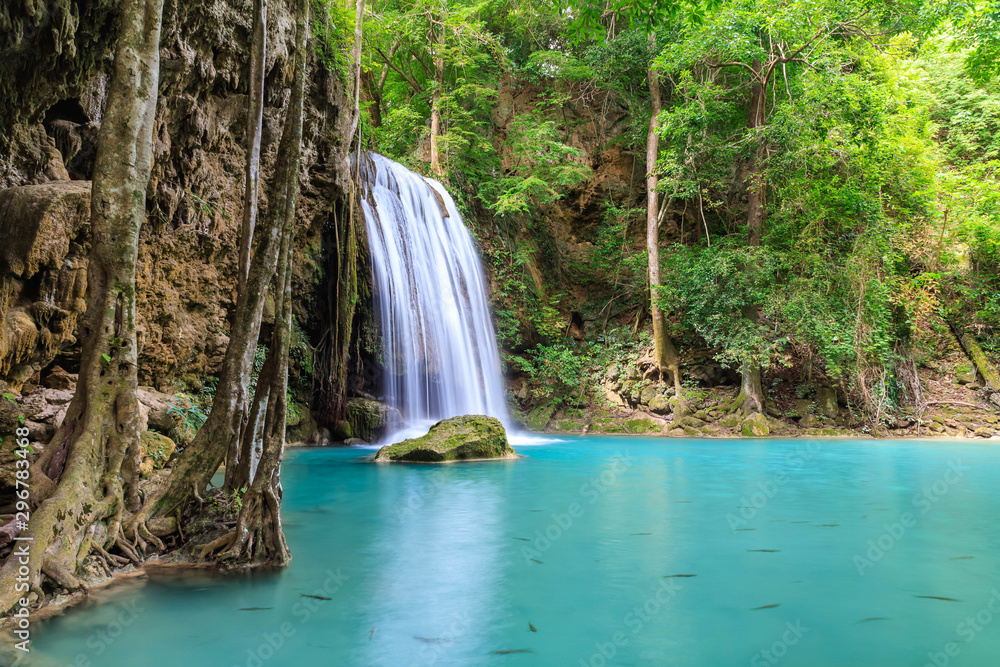Fototapeta premium Waterfall cliff level 3, Erawan National Park, Kanchanaburi, Thailand
