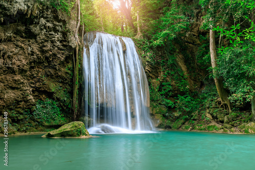 Fototapeta Naklejka Na Ścianę i Meble -  Waterfall cliff level 3, Erawan National Park, Kanchanaburi, Thailand