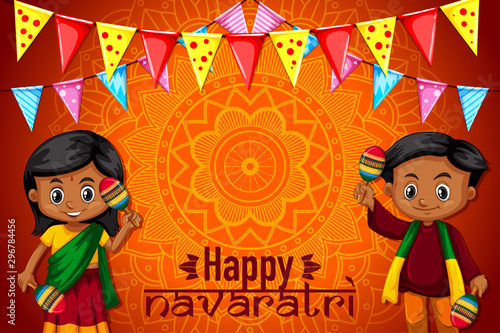 Navaratri poster design with mandala pattern and happy children