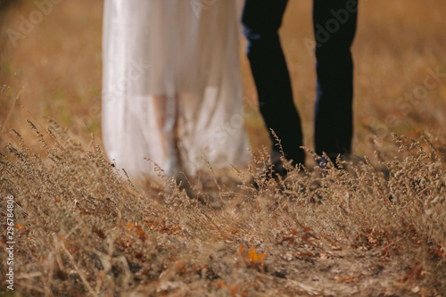 silhouette of blur bride and groom in nature. focus on grass