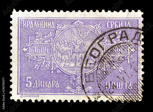 Cancelled postage stamp printed by Serbia, that shows Uprise in Oraschatz in 1804, circa 1904. photo