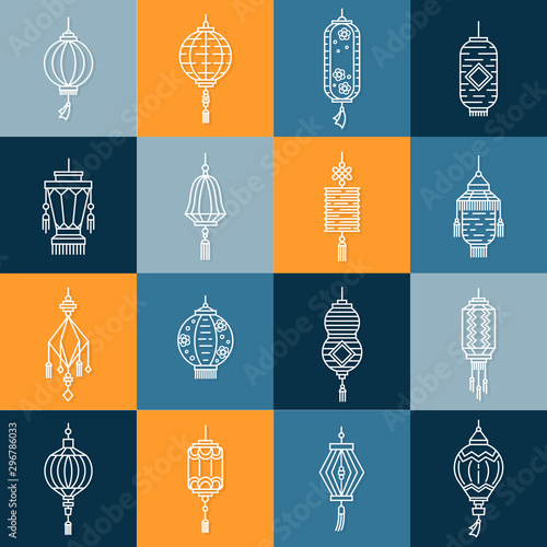 Vector set of asian street and chinese holiday lanterns