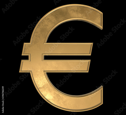 Gold Euro symbol isolated on black background, clipping path included.