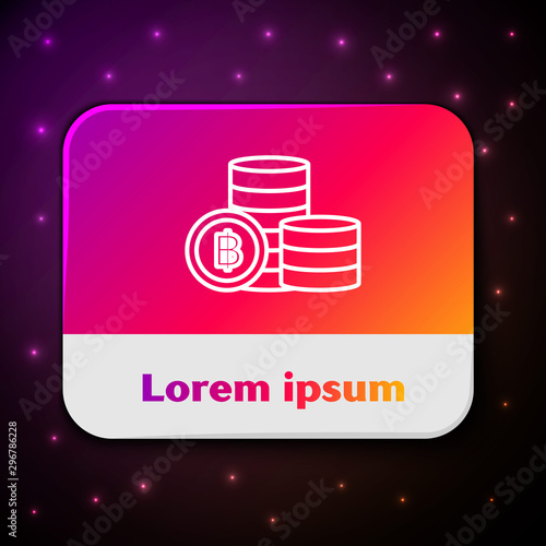 White line Cryptocurrency coin Bitcoin icon isolated on black background. Blockchain technology, bitcoin, digital money market, cryptocoin wallet. Rectangle color button. Vector Illustration