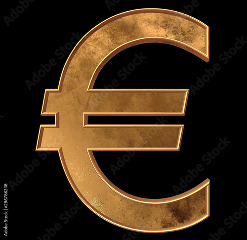 Gold Euro symbol isolated on black background, clipping path included..