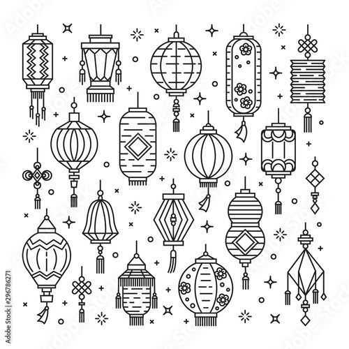 Vector set of asian street and chinese holiday lanterns