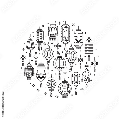 Vector set of asian street and chinese holiday lanterns