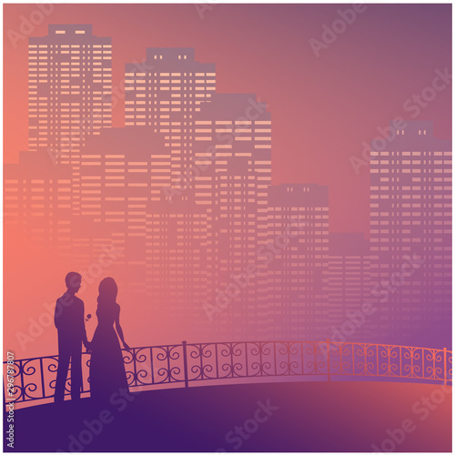 Beautiful couple in the night city. Silhouette of lovers in the distance. Vector illustration about love.