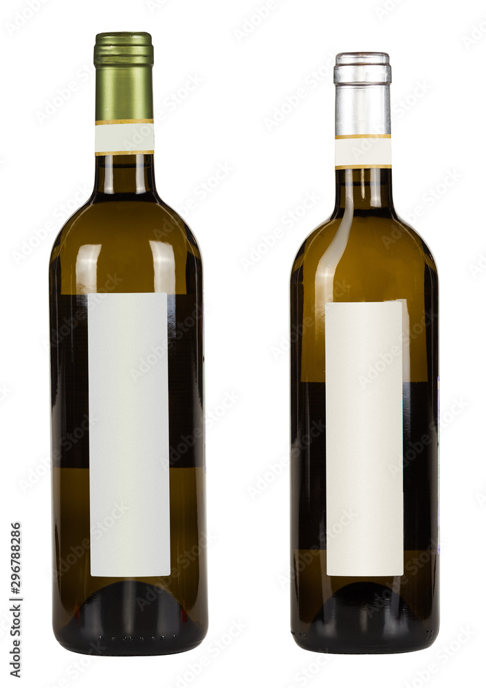 Set of two bottles with blank labels of red wine isolated on white background Set of two bottles with blank labels of red wine isolated on white background