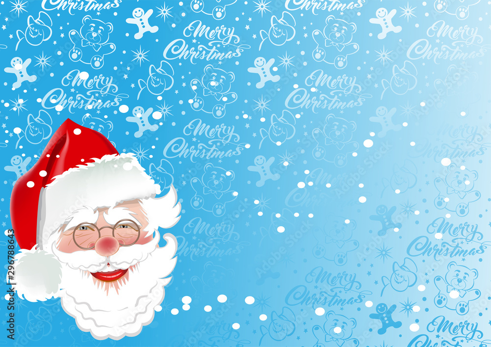 Merry Christmas and happy new year. Christmas card with Santa Claus. On a blue background inscriptions and toys for the holidays: teddy bear, snowman, stars, snowflakes, confetti. Xmas greeting card Merry Christmas and happy new year. Christmas card with Santa Claus. On a blue background inscriptions and toys for the holidays: teddy bear, snowman, stars, snowflakes, confetti. Xmas greeting card