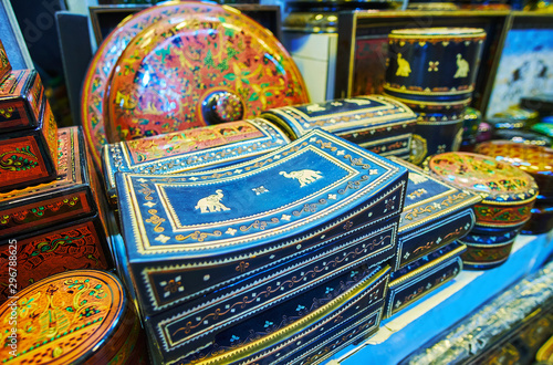 Souvenir boxes with elephants, Bogyoke Aung San Market, Yangon, Myanmar photo