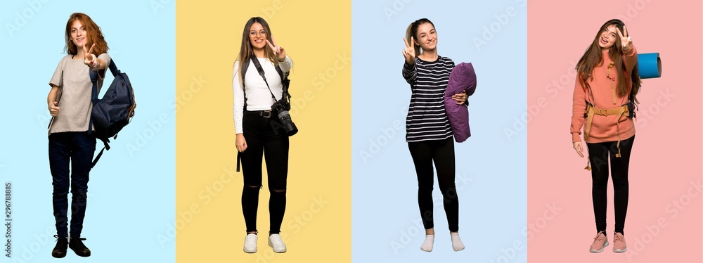 Obraz premium Set of travel woman, photographer, student and in pajamas smiling and showing victory sign
