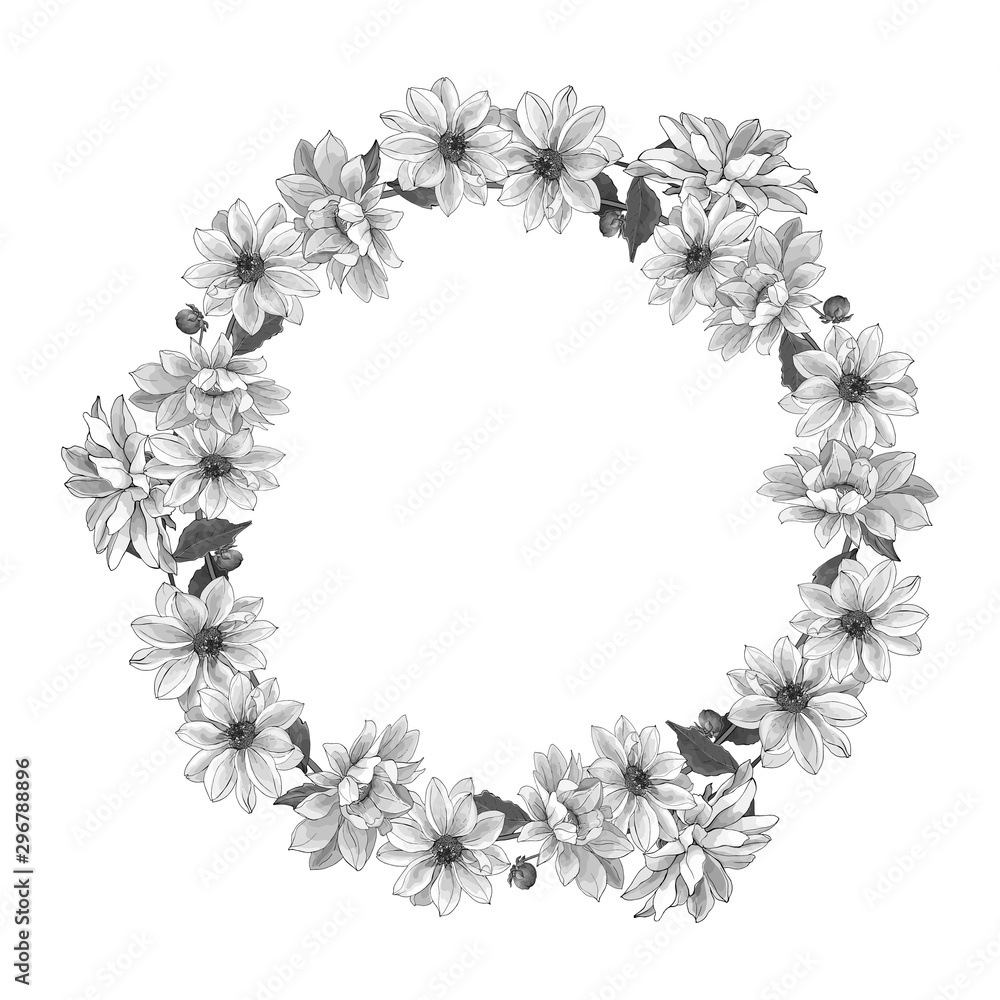 Monochrome wreath of autumn flowers dahlias on white background. Black and white. Round frame for fashion, greetings, save the dates, invitation template. Vintage. Vector. Monochrome wreath of autumn flowers dahlias on white background. Black and white. Round frame for fashion, greetings, save the dates, invitation template. Vintage. Vector.