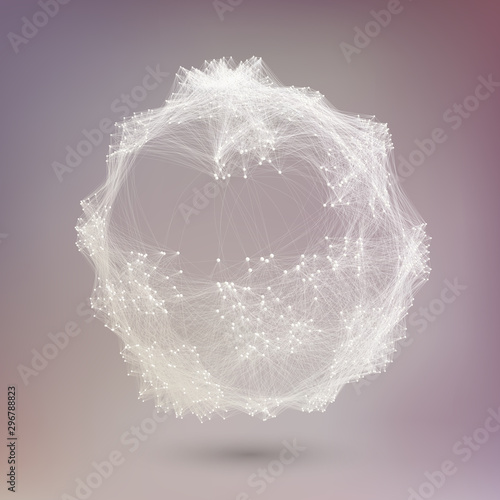 Creative data visualization. Network graph of connected nodes. Social media graph of users. Sphere cluster of communication links. Technology abstract background.