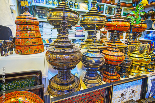 Lacquer food offering vessels, Bogyoke Aung San Market, Yangon, Myanmar photo