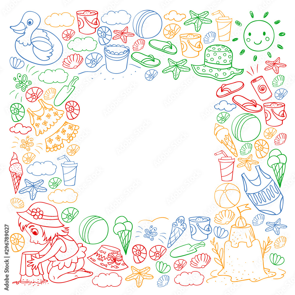 Vector pattern with little chilren. Family summer vacations. Beach, ocean, island, sun. Kids play. Swimming and relaxation. Vector pattern with little chilren. Family summer vacations. Beach, ocean, island, sun. Kids play. Swimming and relaxation.