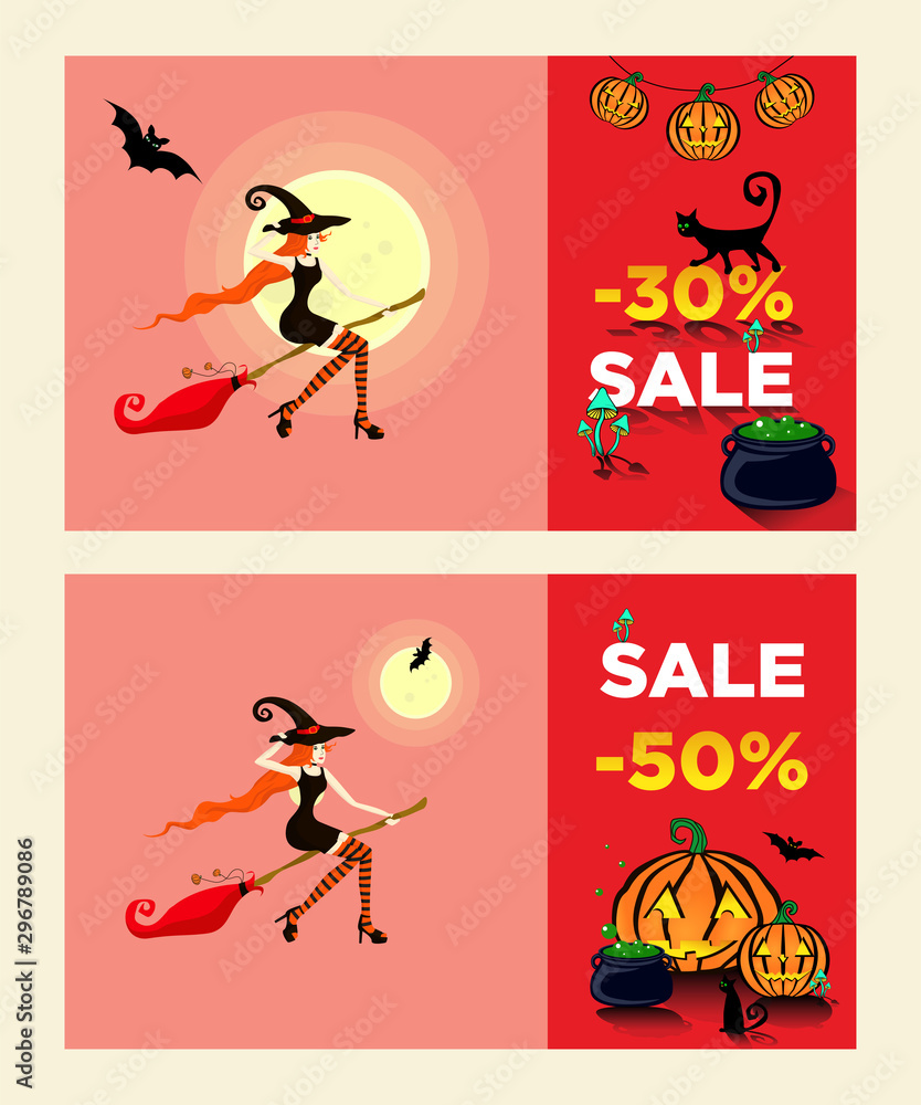 2 Flyers or banner with 30 and 50 percents discount for Halloween sale. Young beautiful girl dressed as a witch flies on a broom in the direction of the sale.