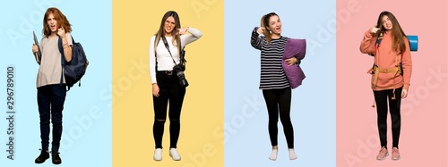 Set of travel woman, photographer, student and in pajamas frustrated by a bad situation and pointing to the front