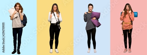Set of travel woman, photographer, student and in pajamas frustrated by a bad situation