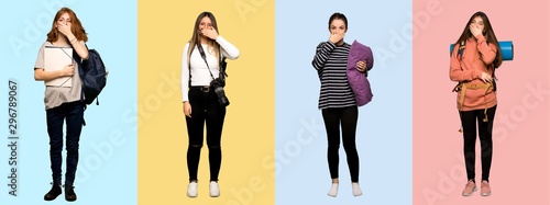 Set of travel woman, photographer, student and in pajamas covering mouth with hands for saying something inappropriate