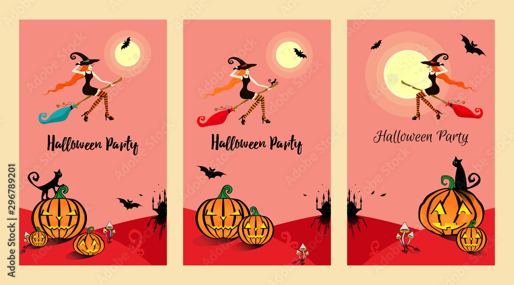 Halloween party set with 3 invitation banner or poster in pink and red backgrounds. Young beautiful witch in bright striped stockings flies on a broom at a party in honor of Halloween. 