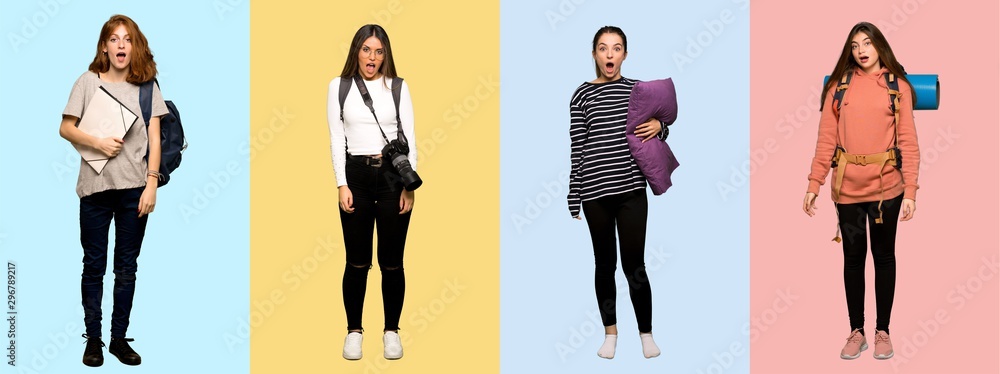 Fototapeta premium Set of travel woman, photographer, student and in pajamas with surprise and shocked facial expression