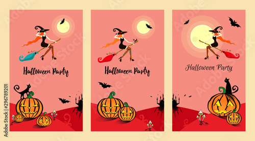 Halloween party set with 3 invitation banner or poster in pink and red backgrounds. Young beautiful witch in bright striped stockings flies on a broom at a party in honor of Halloween. 