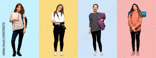 Set of travel woman, photographer, student and in pajamas showing tongue at the camera having funny look