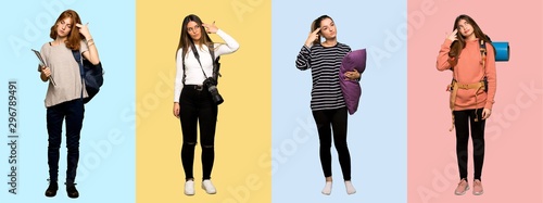 Fotografi Set of travel woman, photographer, student and in pajamas with problems making s