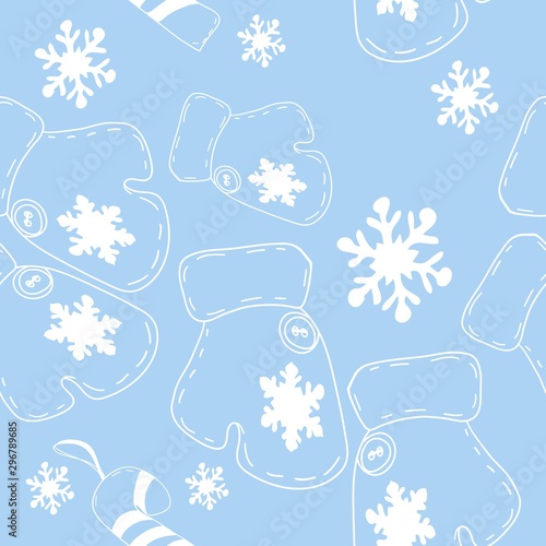 Christmas graphic ornament of snowflakes and mittens, seamless pattern, raster copy