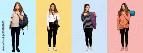 Set of travel woman, photographer, student and in pajamas surprised and shocked while looking right