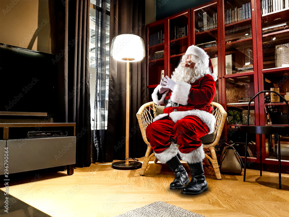 Red old Santa Claus in home and free space for your decoration 