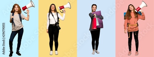 Set of travel woman, photographer, student and in pajamas holding a megaphone