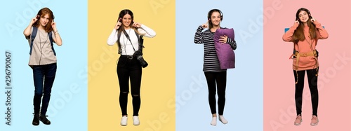 Set of travel woman, photographer, student and in pajamas listening to music with headphones