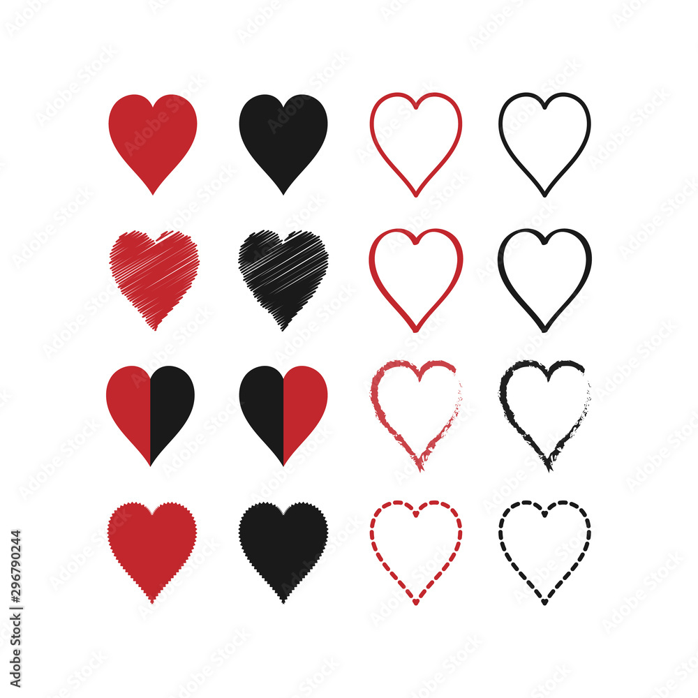Red and black hearts icons. Set of 16 icons with different textures and silhouettes. Love, Valentine's Day, couple, marriage. Vector illustration isolated on a white background.