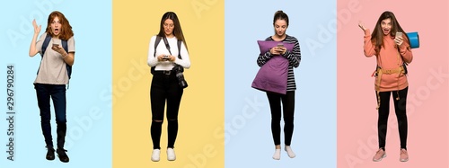 Set of travel woman, photographer, student and in pajamas surprised while sending a message with the mobile