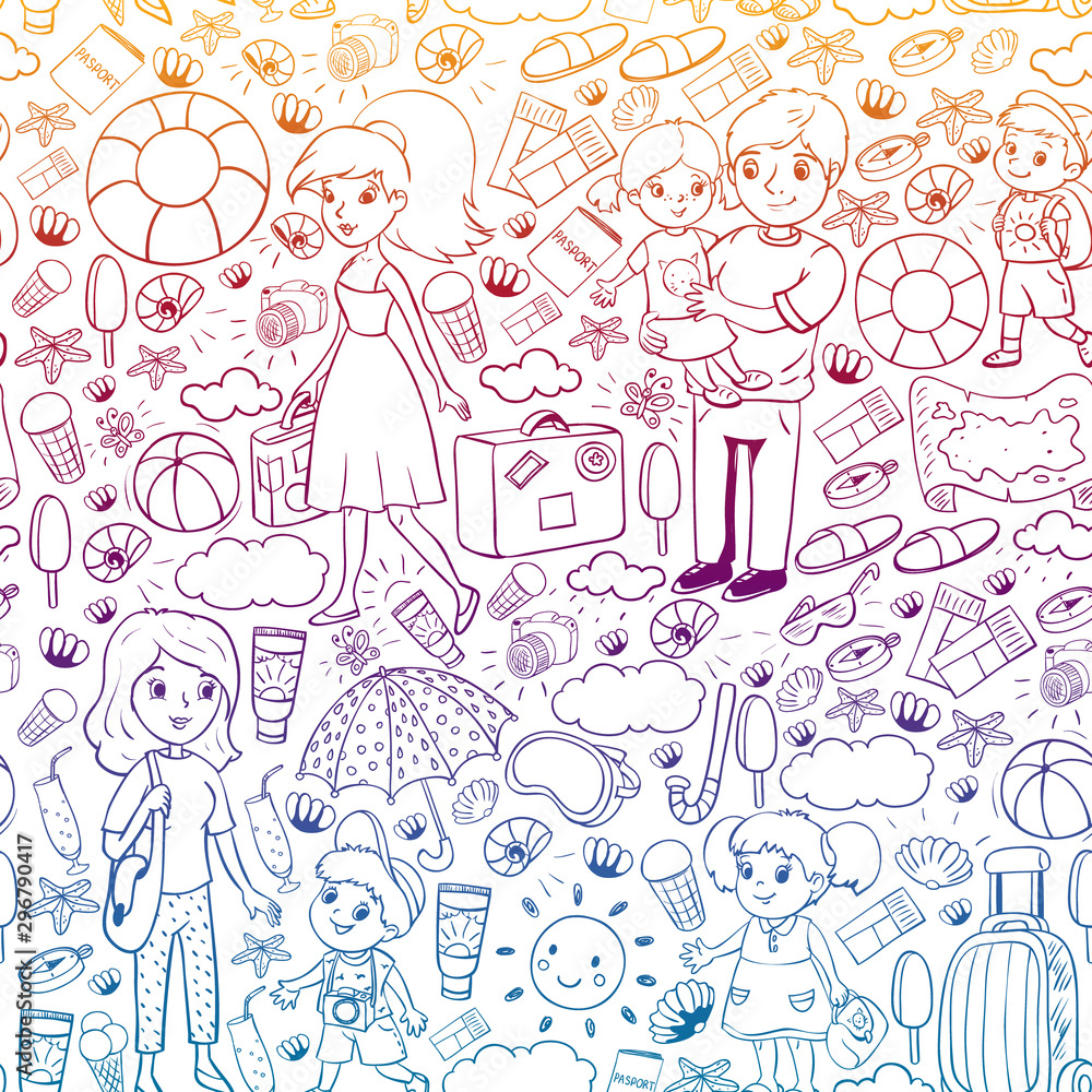 Vector seamless pattern. Summer vacations. Little children. Happy family with kids. Travel and adventures. Beach, ocean, island, sun Vector seamless pattern. Summer vacations. Little children. Happy family with kids. Travel and adventures. Beach, ocean, island, sun