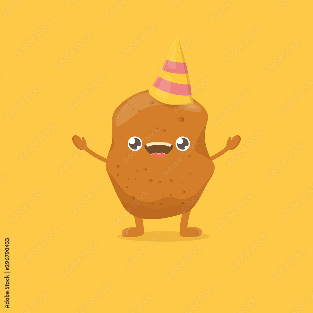 Fototapeta premium vector funny cartoon cute smiling tiny potato isolated on yellow background. vegetable funky character