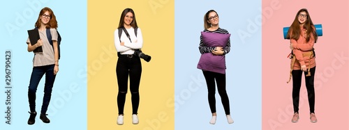 Set of travel woman, photographer, student and in pajamas with glasses and happy