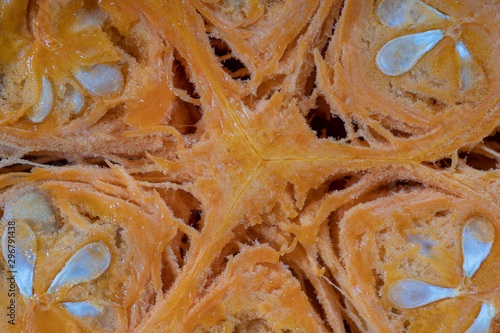 Yellow pumpkin cut in half with the texture of seeds and pulp. Pumpkin slices background closeup  top view