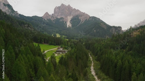 Aerial shot, forest, nature, mountains. Frazione Braies di Fuori. Incredible scenery. 
 photo